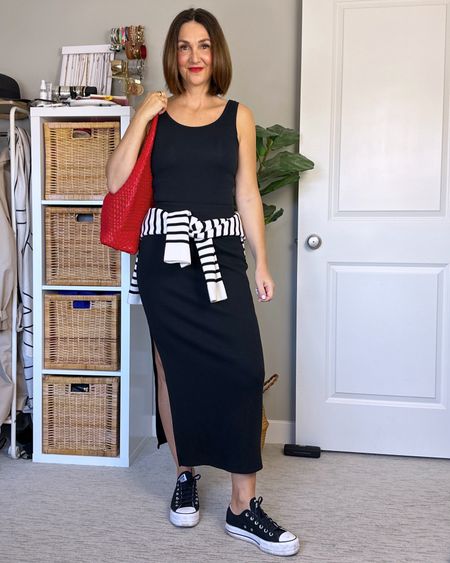 Spring outfit in a stretchy maxi skirt and tank top, add a striped cardigan and red bag for a pop of color.
Wearing my usual small in the tank (comes in a 2 pack, tons of color options), cardigan and skirt and Converse fit big, I go down 1/2 size


#LTKshoecrush #LTKitbag #LTKstyletip