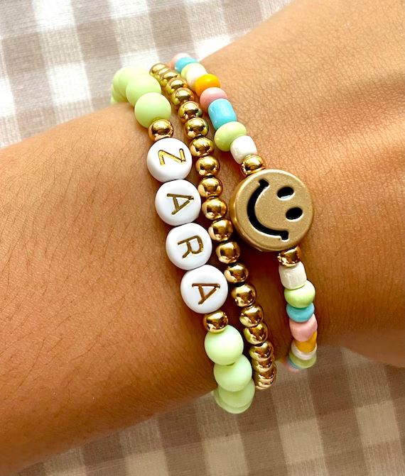 Personalized Name Bracelet | Smiley Face Bracelet | Customized Gold Letter Bracelets | Stackable | Etsy (US)