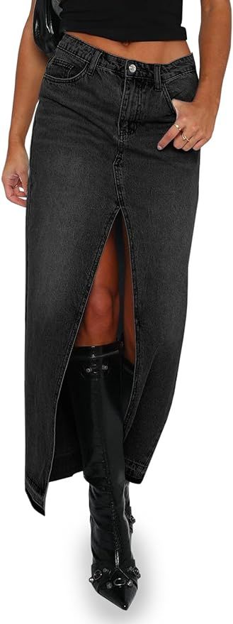 Fisoew Women's Long Denim Maxi Skirts High Waisted Frayed Hem Western Split Jean Skirt Streetwear | Amazon (US)