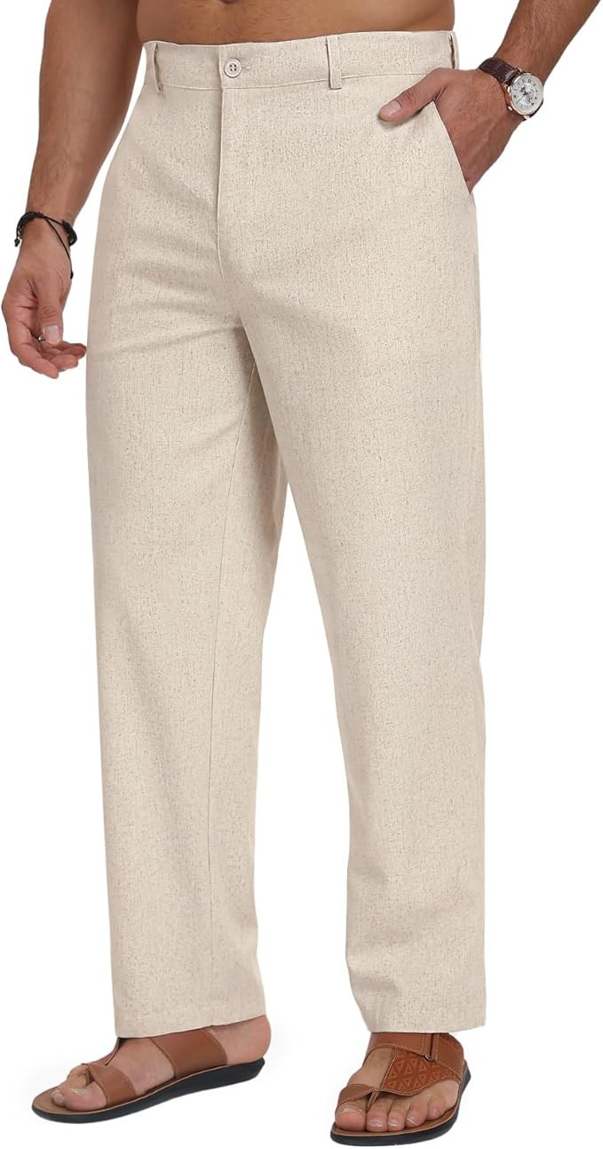 Puimentiua Mens Cotton Linen Pants Business Casual Mens Dress Pants Summer Beach Loose Relaxed Fi... | Amazon (US)