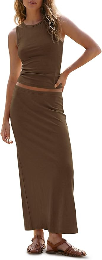 Wenrine Womens 2 Piece Outfits Sleeveless Ruched Tank Tops Casual Maxi Long Skirts Sets Summer Sl... | Amazon (US)