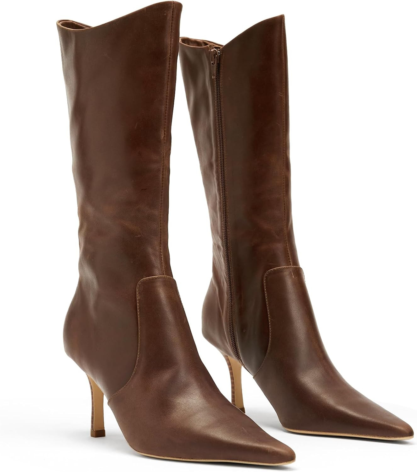 Coutgo Womens Mid Calf Boots Pointed Toe High Heel Long Boots Side Zipper Winter Dress Shoes | Amazon (US)