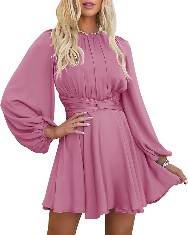 MITILLY Women's Elegant Satin Long Sleeve Round Neck Wrap Tie Waist Flowy Cocktail Party Mini Dre... | Amazon (US)