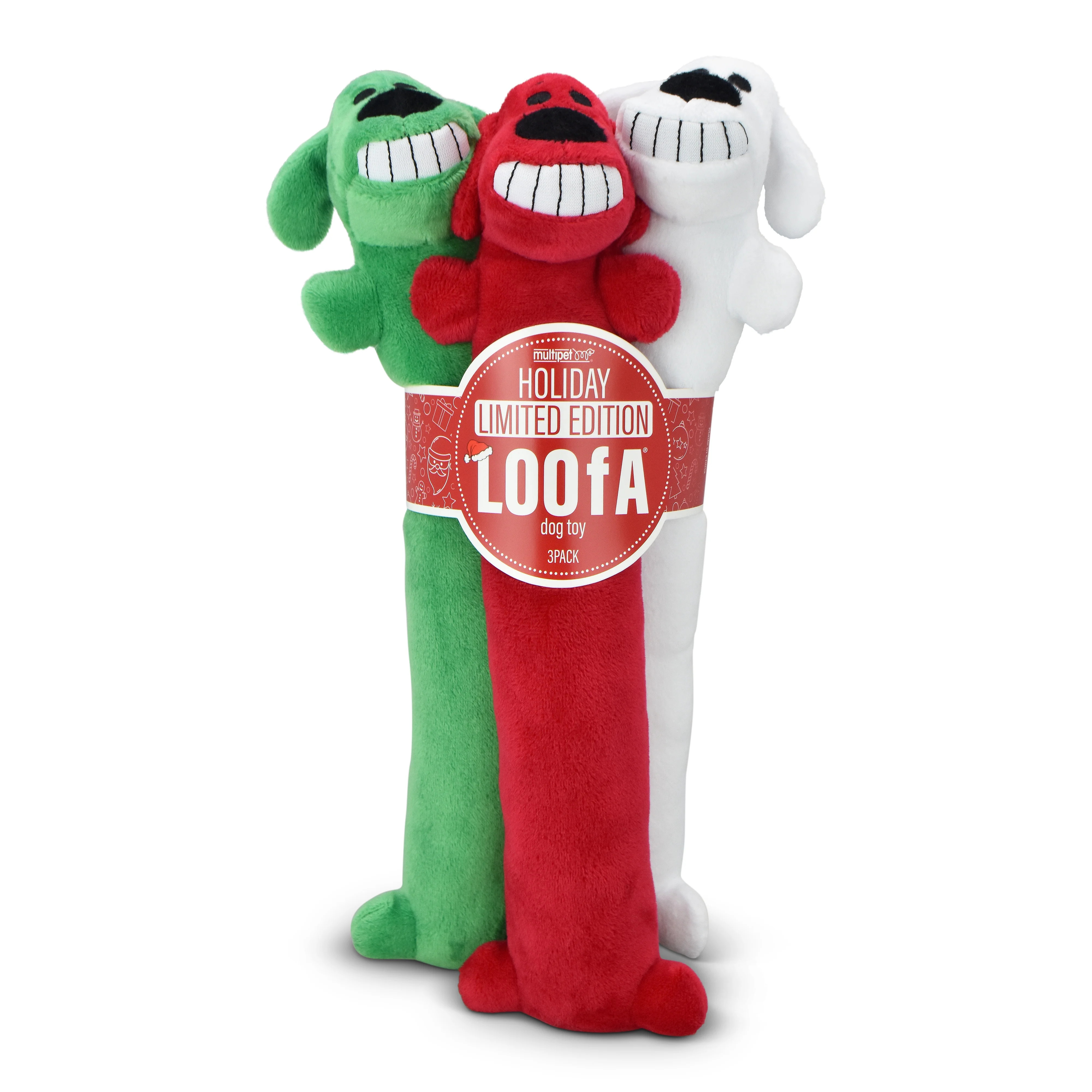 Multipet Plush Holiday Loofa Dog Toy, Stuffing & Squeaker, 3 pk. with Red, White & Green, 12" Eac... | Walmart (US)