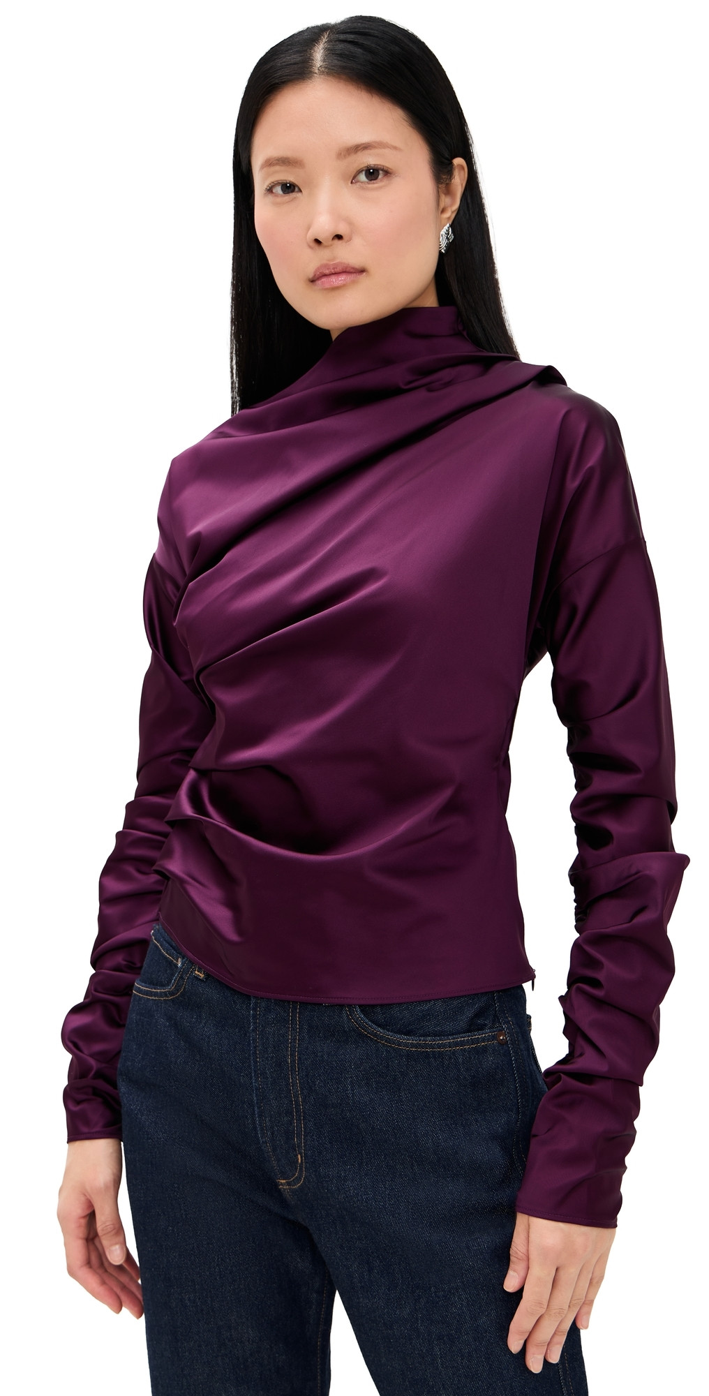 GANNI Technical Stretch Satin Ruched Top Mauve Wine 44 | Shopbop