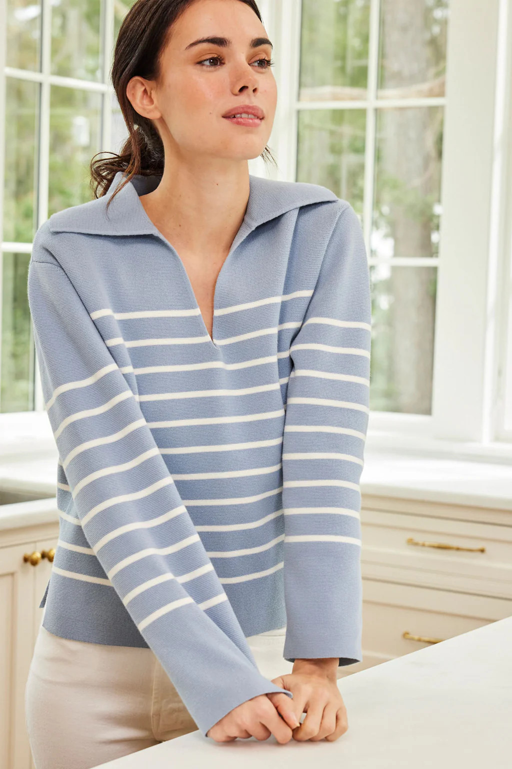 Lydia Cotton Sweater in Dusty Blue Ivory Stripe | Lake Pajamas