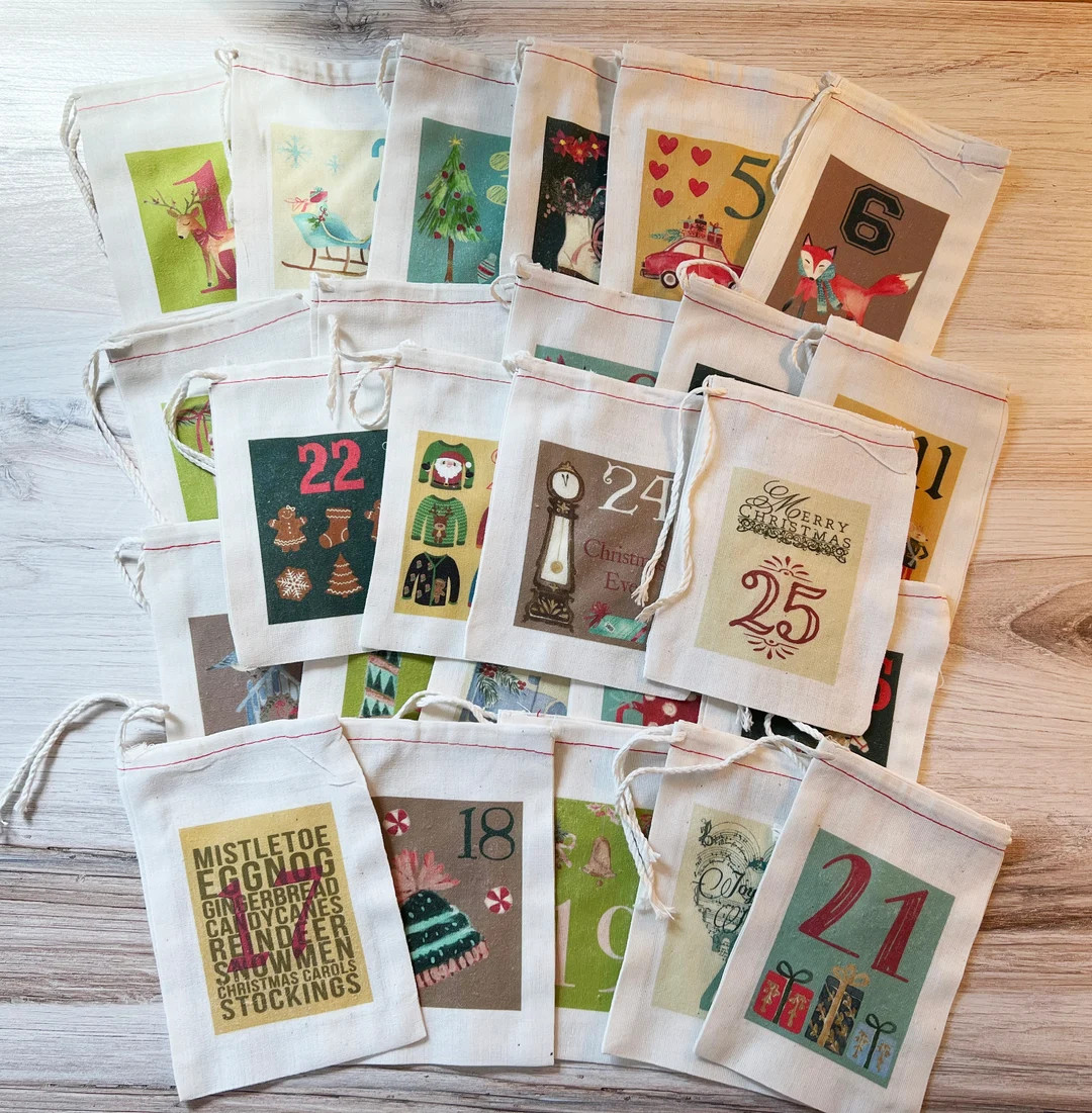 Festive Advent Calendar Christmas Bags - Colorful Holiday Bag Set - Countdown to Christmas - Cott... | Etsy (US)