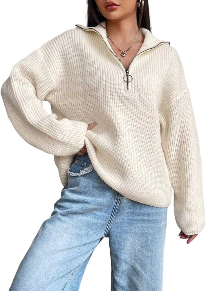 Women's Fall Winter Pullover Sweater Zip Ribbed Knit Drop Shoulder Sweater Long Sleeve | Amazon (US)