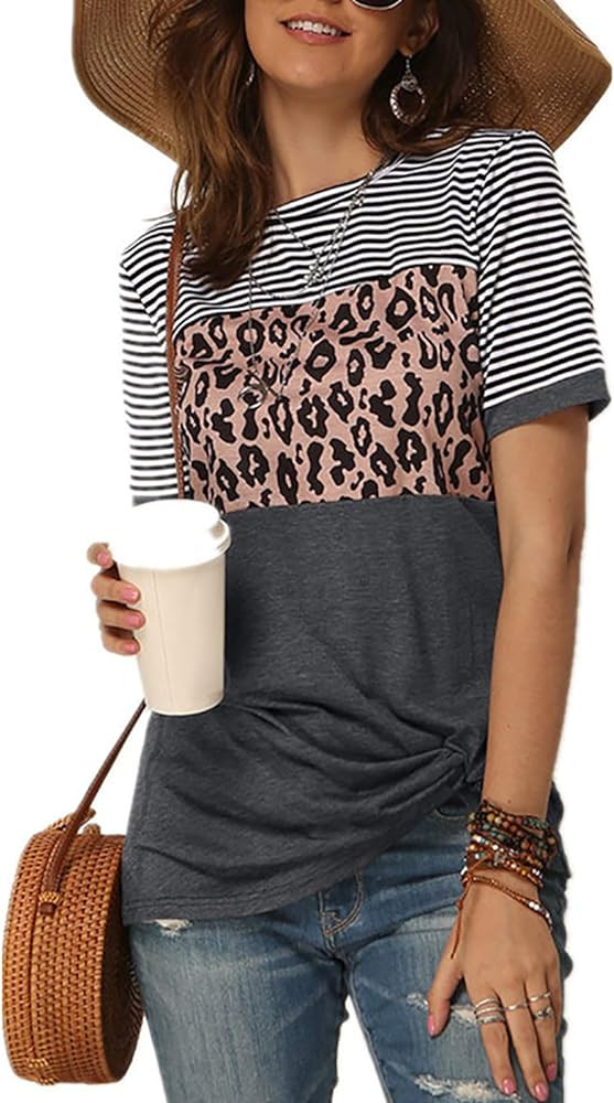 Necooer Womens Casual Crewneck Twist Knot Blouse Short Sleeve Color Block Fashion Striped Tops Sh... | Amazon (US)