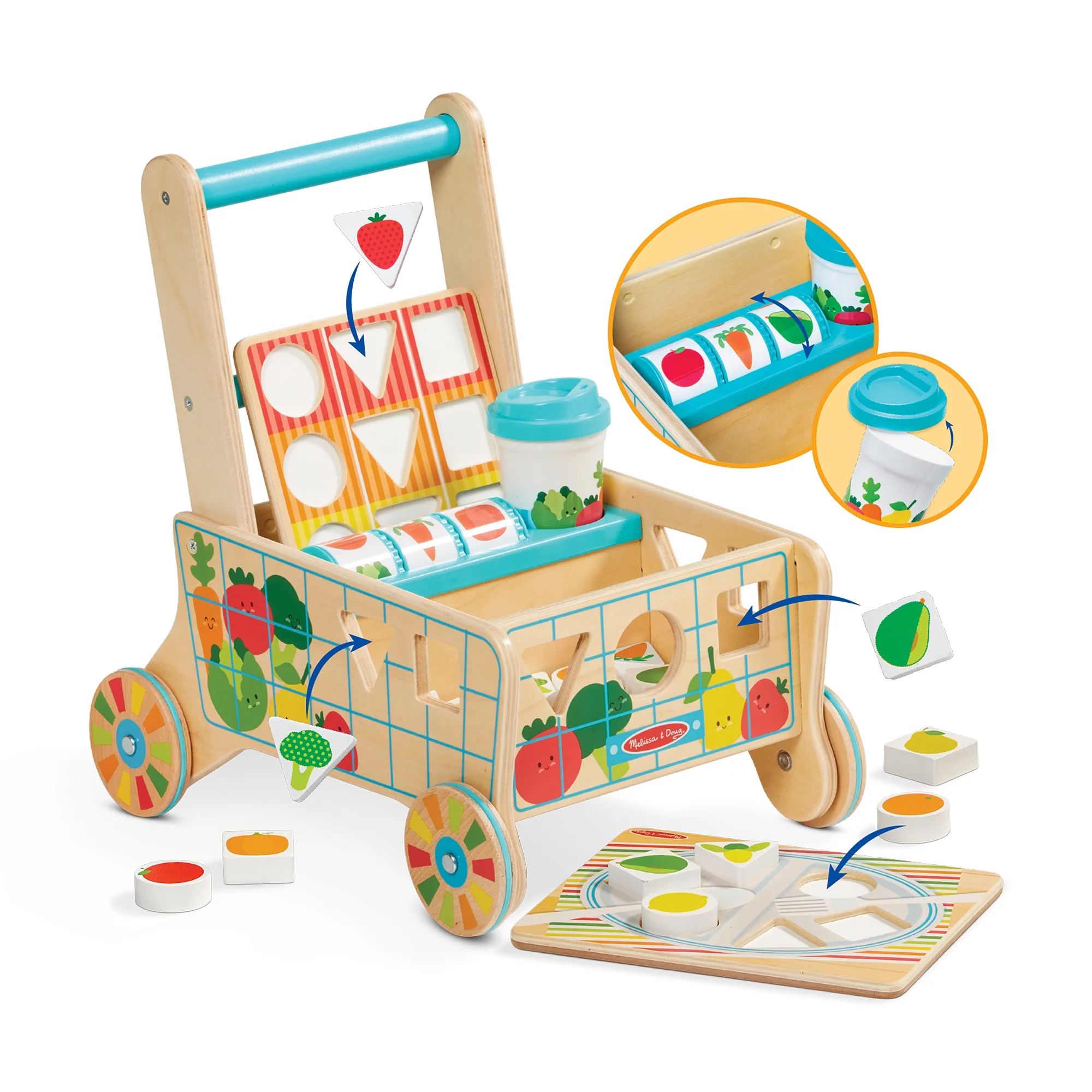 Melissa & Doug Wooden Shape Sorting Grocery Cart Push Toy and Puzzles | Walmart (US)