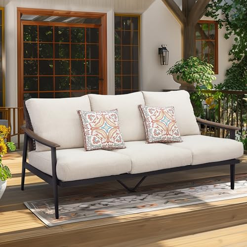 NATURAL EXPRESSIONS Patio Sofa Outdoor Furniture Metal Chair with Wicker Backrest & 6 Inches Cushion for Indoor, Front Porch, Deck, Balcony, Backyard, Sunroom, 73.35"(L) x 29.75"(W) x 33.86"(H). | Amazon (US)