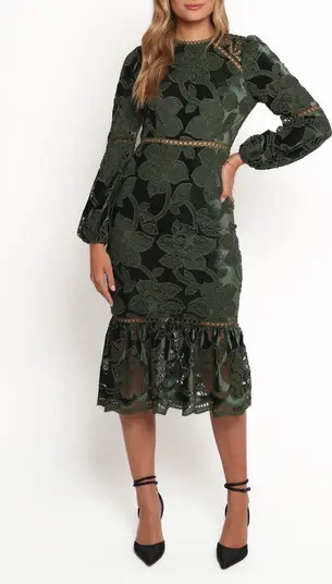 Pierre Long Sleeve Velvet & Lace Midi Dress | Nordstrom