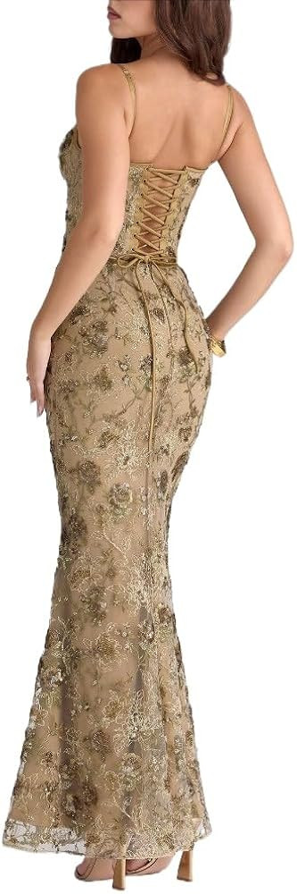 Women's Embroidered Corset Maxi Dress Spaghetti Strap Evening Gown | Amazon (US)
