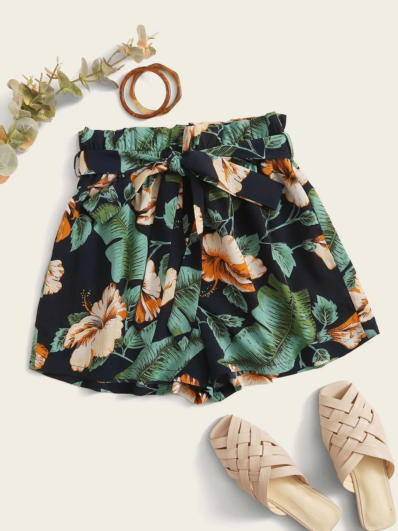 SHEIN Paperbag Waist Tropical Print Shorts | SHEIN