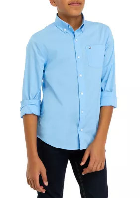 Crown & Ivy Boys 8-20 Solid Woven Poplin Button Down Shirt, Blue, Medium | Belk