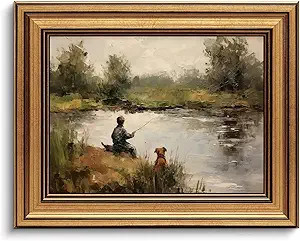 Devunaty Gold Framed Vintage Wall Art Boy Fishing Wall Decor Paintings Funny Dog and Boy Landscap... | Amazon (US)