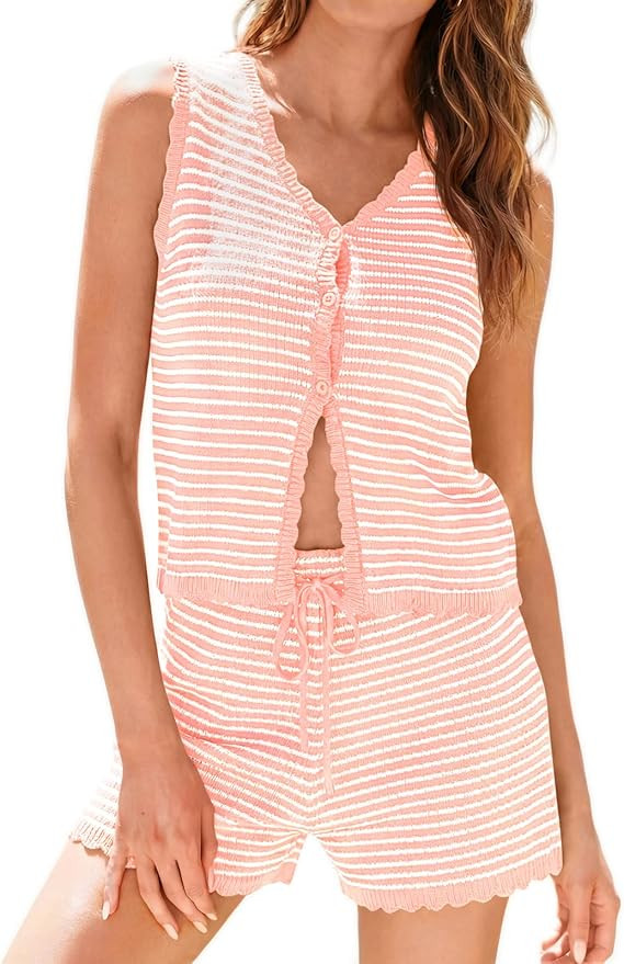 Tankaneo Womens 2 Piece Shorts Set Striped Summer Vacation Outfits Button Down Knit Vests Tops Ca... | Amazon (US)