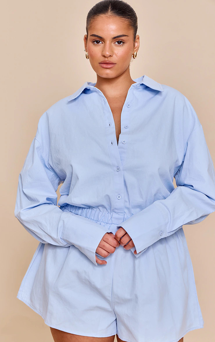 Plus Sky Blue Cotton Ruched Tiered Skort Shirt Romper | PrettyLittleThing US
