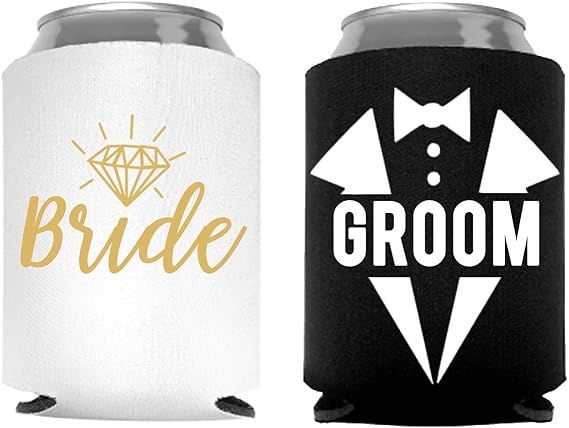 Bride and Groom Can Coolers, Set of 2, 1 White and 1 Black Beer Can Coolies, Cute Wedding Gifts, ... | Amazon (US)