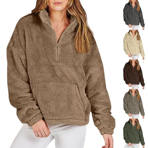 Jielayou Women's Sherpa Pullover Half Zip Fuzzy Fleece Oversized Sweatshirt Long Sleeve Fluffy Quarter Zip Pullover with Pockets Cozy 1/2 Zipper Stand Collar Drop Shoulder Cropped Sweatshirts | Amazon (US)