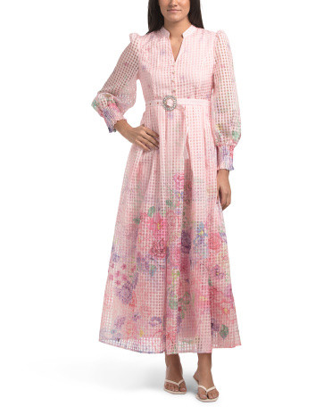 Long Sleeve Floral Maxi Dress With Belt | TJ Maxx
