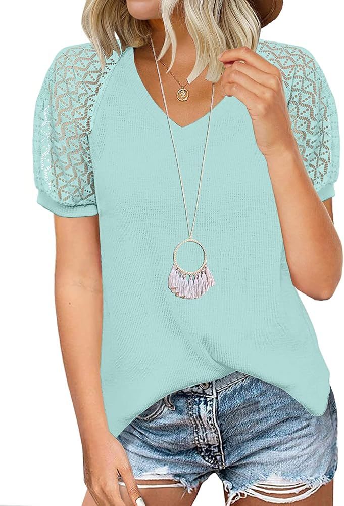 MIHOLL Women's Lace Short Sleeve V Neck Shirts Loose Casual Tops Tee Shirt | Amazon (US)