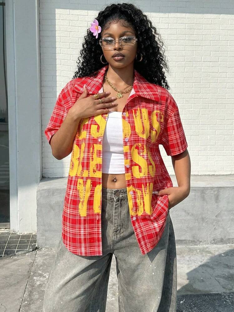 Muchica 2026SSpring And SummerPlus Size Women Slogan Plaid Short Sleeve Single-Breasted Casual Shirtr Going Out Outfits, Back To School, Streetwear, Y2K Clothes | SHEIN