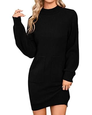 ZESICA Women's Casual Turtleneck Long Puff Sleeve Soft Fuzzy Knit Bodycon Pullover Mini Sweater D... | Amazon (US)