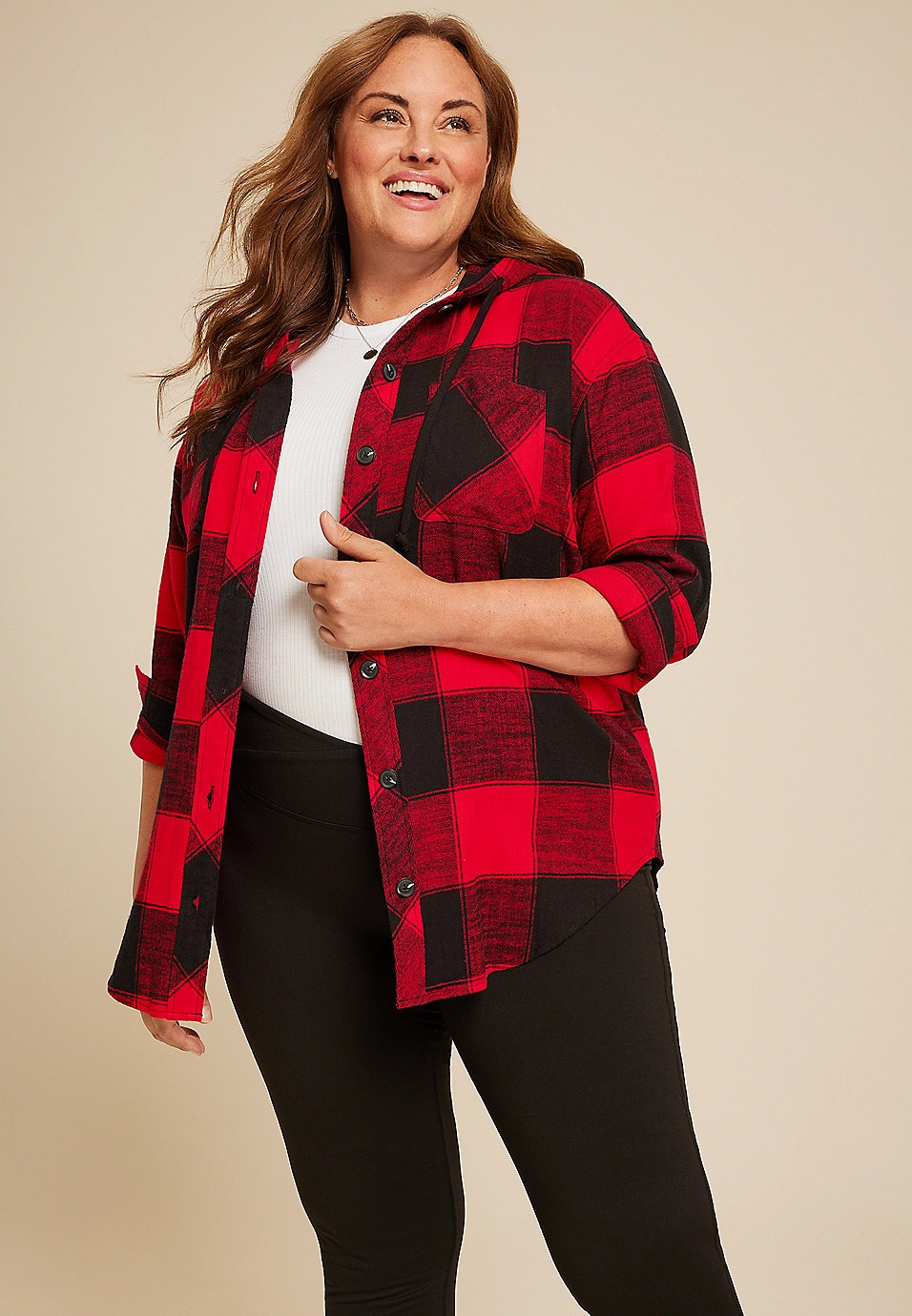 Plus Size Collegiate Plaid Hooded Button Down Shirt | Maurices