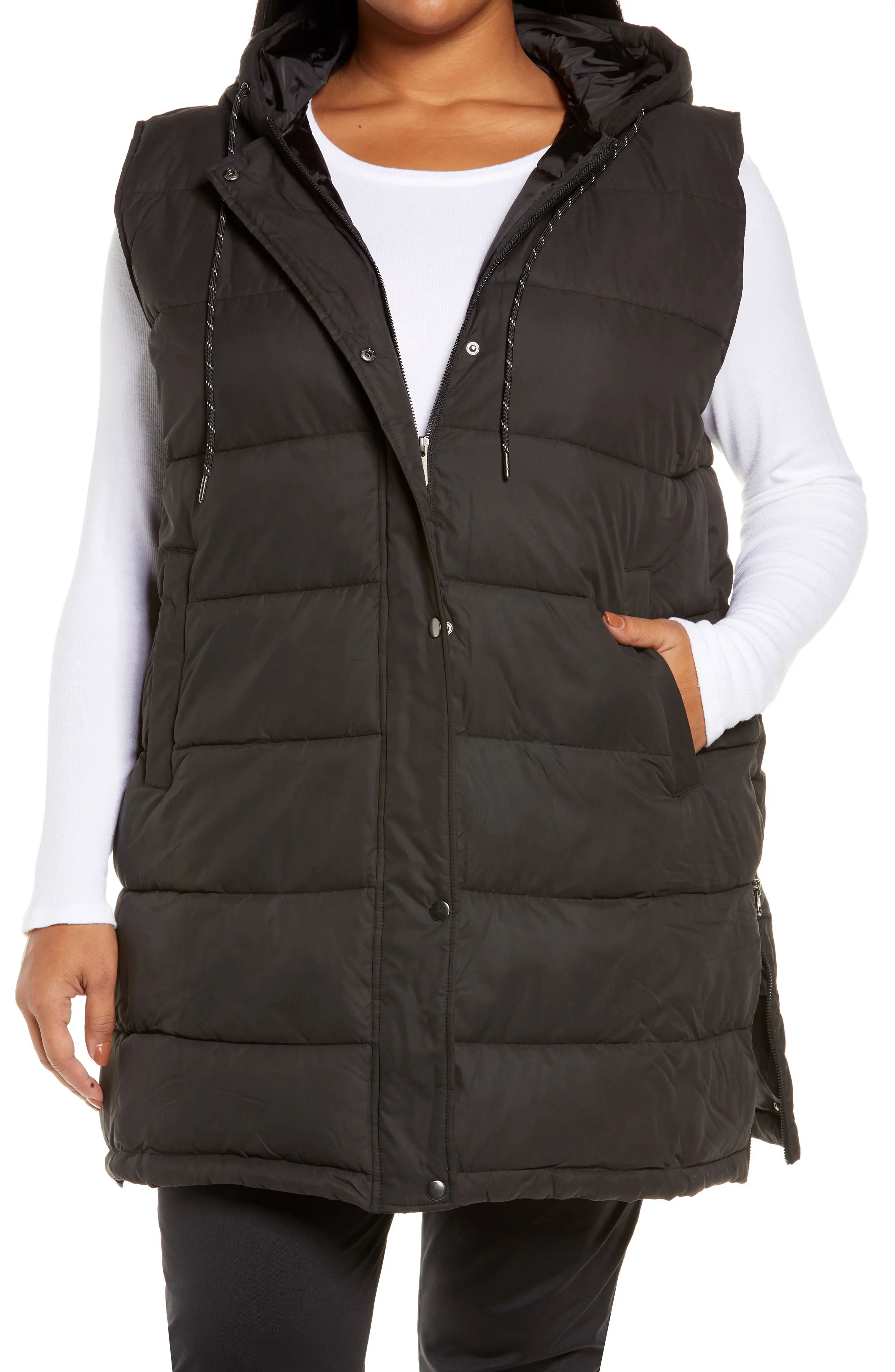 Zella Women's Long Hooded Puffer Vest, Size 1X in Black at Nordstrom | Nordstrom