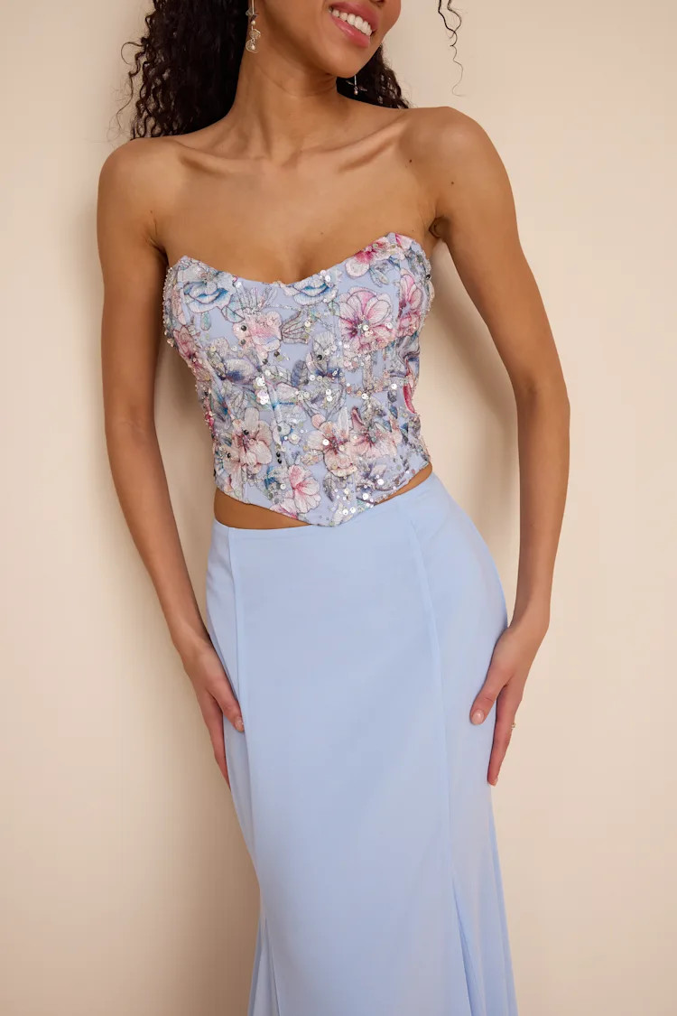 Jenna Light Blue Embroidered Strapless Two-Piece Maxi Dress | Lulus