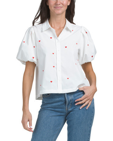 Matte Poplin Shirt With Heart Embroidery For Women, Polyester | TJ Maxx