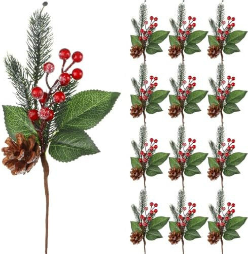 Boao 12 Pcs 11'' Large Christmas Pine Picks Tree Decoration Red Berry Picks and Sprays with Cone ... | Amazon (US)