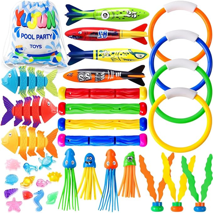 YUJUN 35PCS Pool Diving Swimming Toys, Summer Underwater Game Toys with Pool Fishes Dive Sticks R... | Amazon (US)