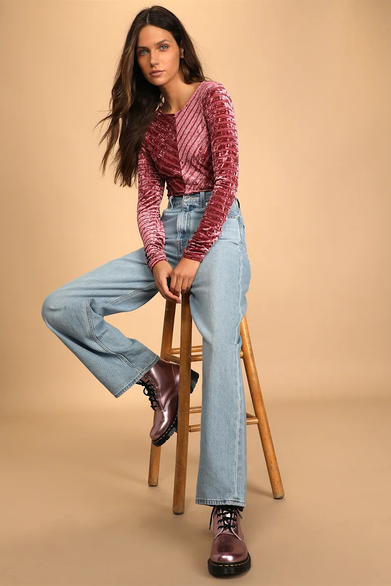 Save the Date Dusty Pink Velvet Striped Long Sleeve Bodysuit | Lulus