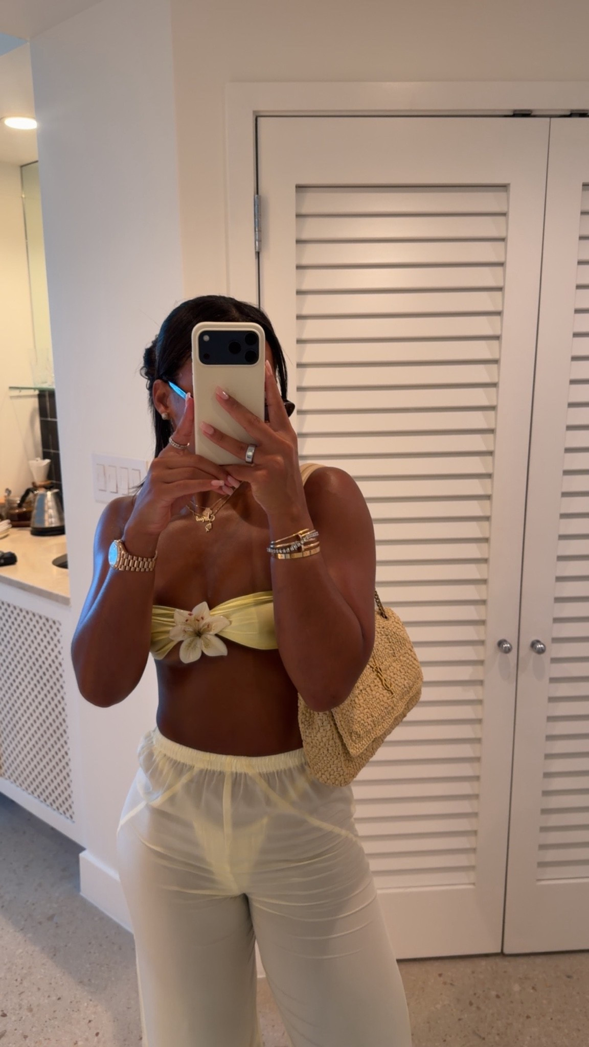 Obsessed with this yellow vacay look! 
I can’t link the exact pants so I linked a few cute options to pair with the bikini!