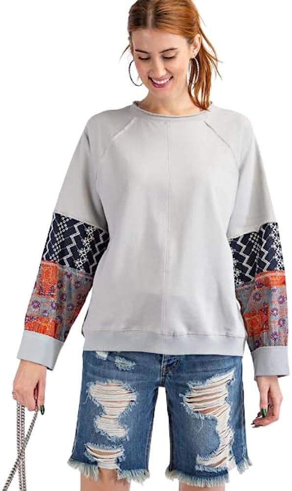 Easel Women's Mineral Wash Cotton Top T-Shirt with Mixed Fabric Sleeves Relaxed Fit-Grey Large | Amazon (US)