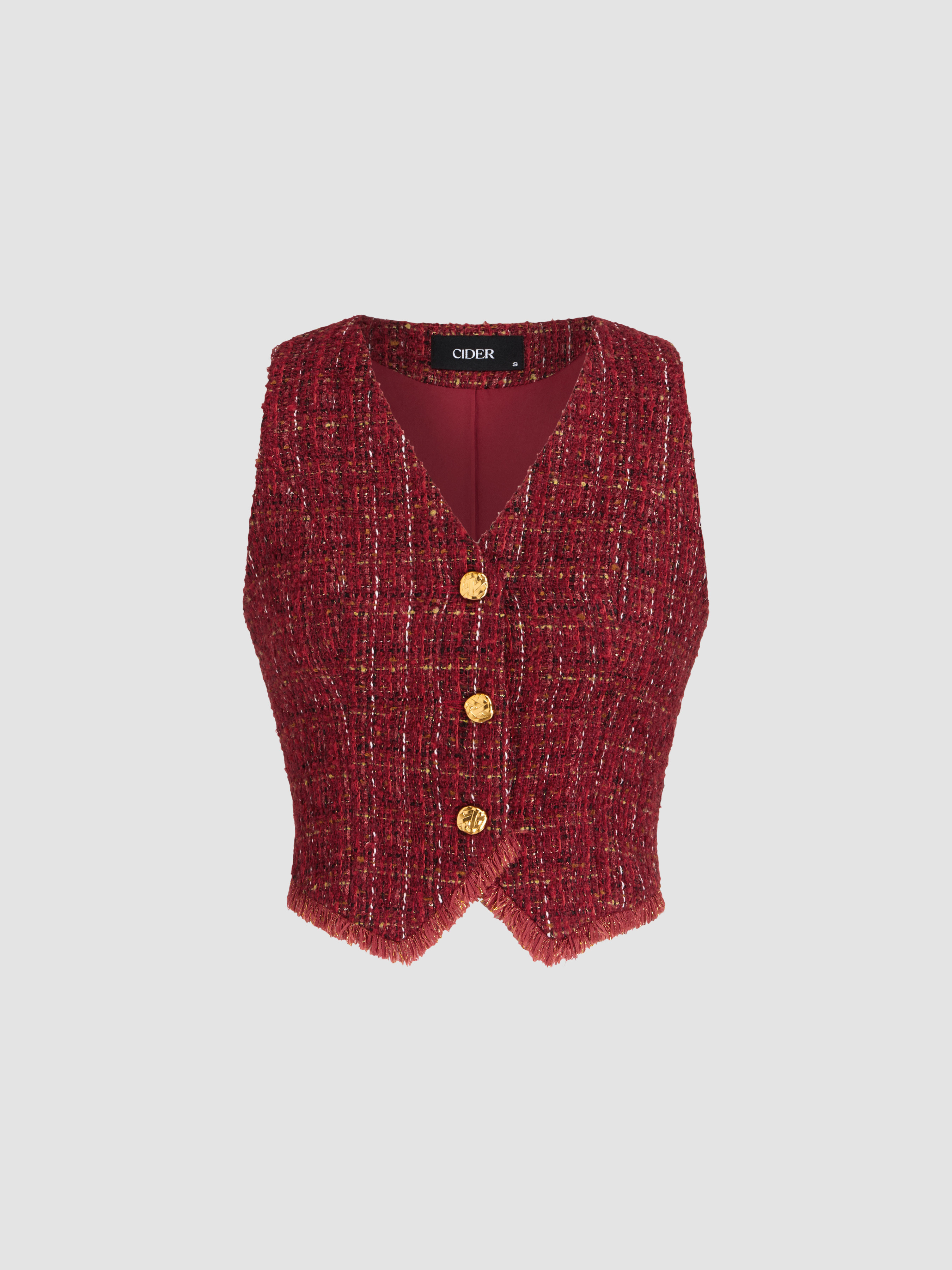 Tweed Tweed V-neck Metallic Button Vest For Date Coffee Shop Work | Cider
