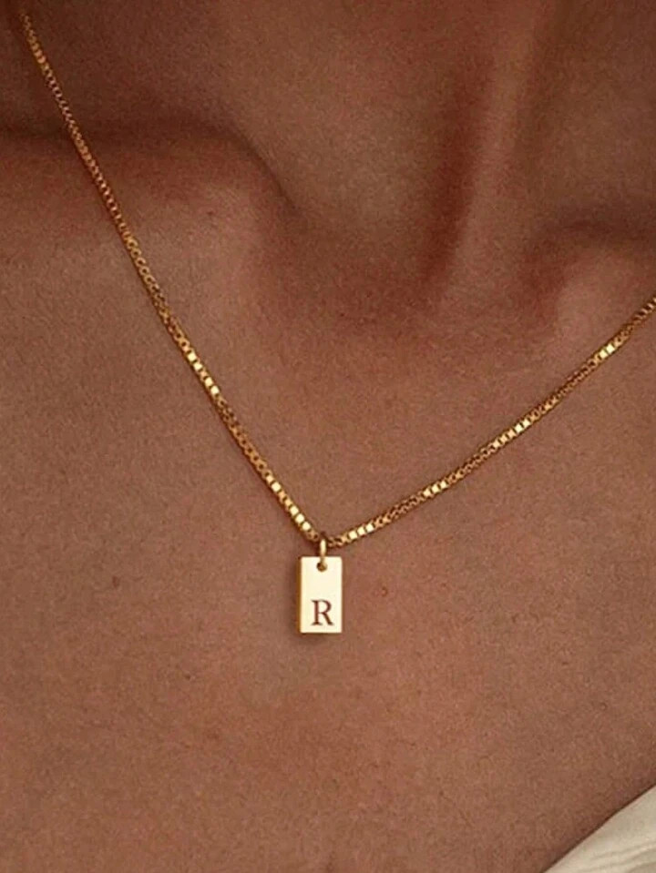TUANZISP 1pc Gold-color Rectangular Tag Feature Alphabet Letter Engraving Pendant Necklace For Wo... | SHEIN