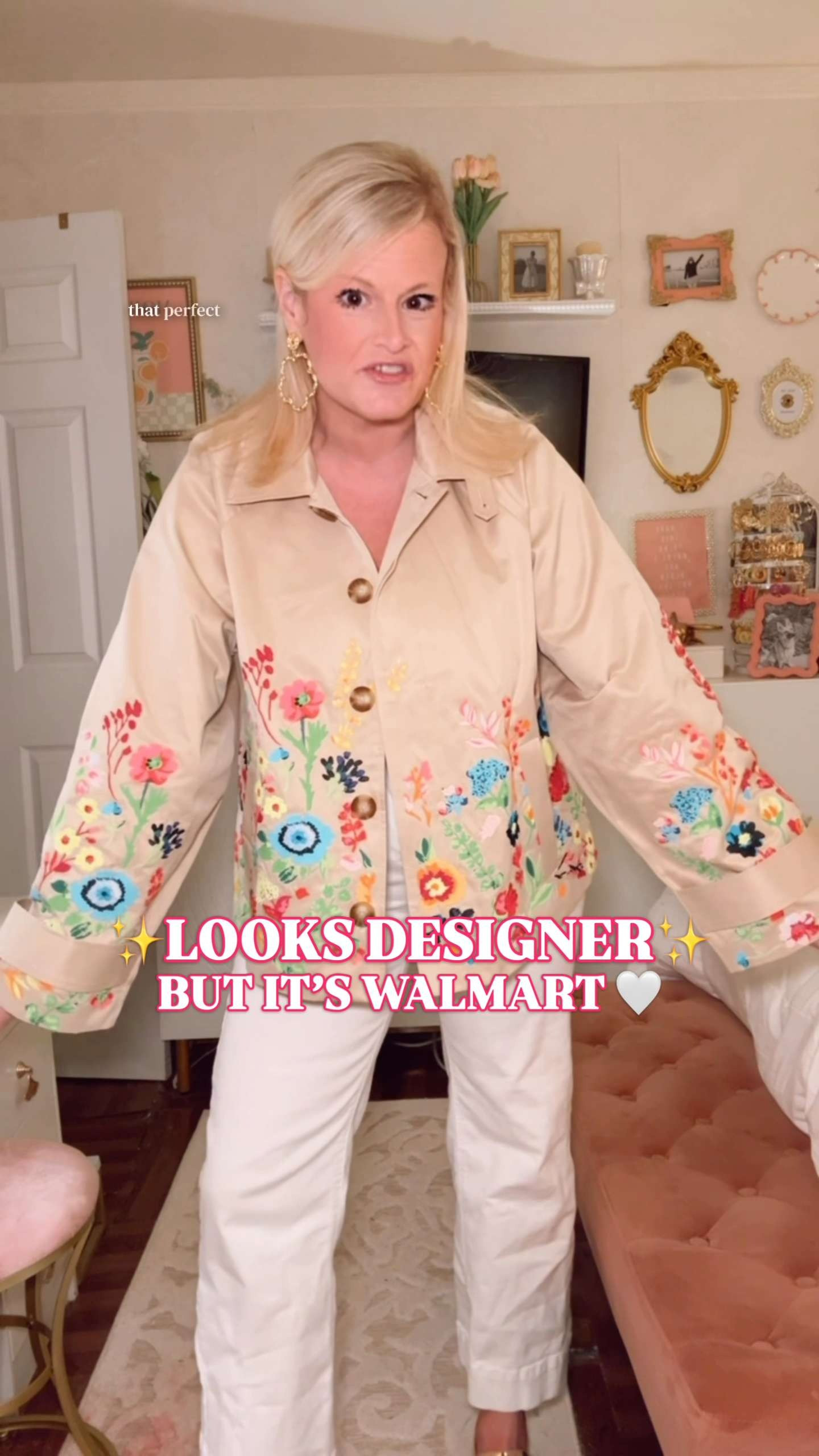 Walmart jacket, embroidered jacket women, Free Assembly jacket, floral jacket, short trench coat, spring jacket women, designer look for less

Designer look. Walmart price tag. And the detail on this jacket is honestly wild for $42.

This Free Assembly embroidered jacket has the shape of a short trench, but the embroidery is what makes it. The neutral base, bright floral stitching, tortoise-style buttons, point collar, wide cuffs, front pockets, and polished structure make it look like something from a much more expensive spring collection.

I’m in a medium. True to size with room to layer, maybe a little generous. If you are between sizes, I would go down.

Why it works:
✨ $42 Walmart find
✨ colorful floral embroidery
✨ short trench jacket shape
✨ polished point collar
✨ tortoise-style buttons
✨ front pockets
✨ lightweight spring layer
✨ machine washable
✨ true to size with room

This is the piece that makes jeans, white denim, linen pants, simple dresses, tanks, tees, and sandals look instantly styled. It has that feminine prep, Palm Beach daytime, garden party, Anthropologie-inspired, Lilly Pulitzer-adjacent energy.

Wear it for spring outfits, summer layering, brunch, lunch, church, vacation, travel days, casual work outfits, showers, shopping days, garden parties, and any day when the outfit needs one beautiful statement piece.

If you love Walmart fashion finds, designer look for less, embroidered jackets, floral jackets, spring jackets, statement jackets, Anthropologie style, Lilly Pulitzer style, Boden style, J.Crew style, Palm Beach style, preppy outfits, and expensive-looking pieces on a budget, open this one before sizes disappear.

Walmart jacket, Walmart fashion finds, Free Assembly jacket, embroidered jacket women, floral embroidered jacket, short trench coat women, spring jacket women, summer jacket women, statement jacket, designer look for less, Anthropologie inspired, Lilly Pulitzer style, Palm Beach outfit, preppy style women, colorful jacket

#LTKFindsUnder50 #LTKFindsUnder100 #LookForLess #WalmartStyle #GoingViral

#LTKootd #LTKSeasonal #LTKWorkwear