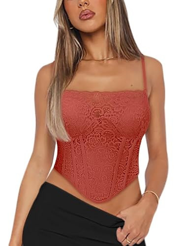 REORIA Womens Trendy Summer Sexy Lace Strap Zip Back Corset Crop Top Going Out Party Cute Boned Bustier Corset Tank Top With Built In Bra Rusty Red Small | Amazon (US)