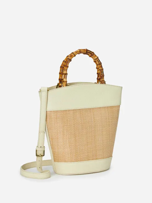 Baccara Leather Grasscloth Bucket Bag | J.McLaughlin