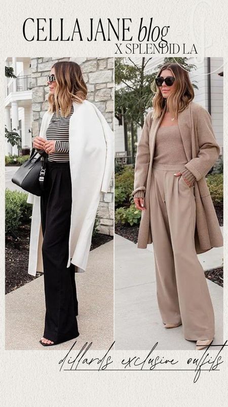Splendid x Cella Jane collection exclusively at Dillards.

Wearing size small in sweater tank.
Size small in striped top.
Size extra small in the wide leg pants
Size small in the coats 