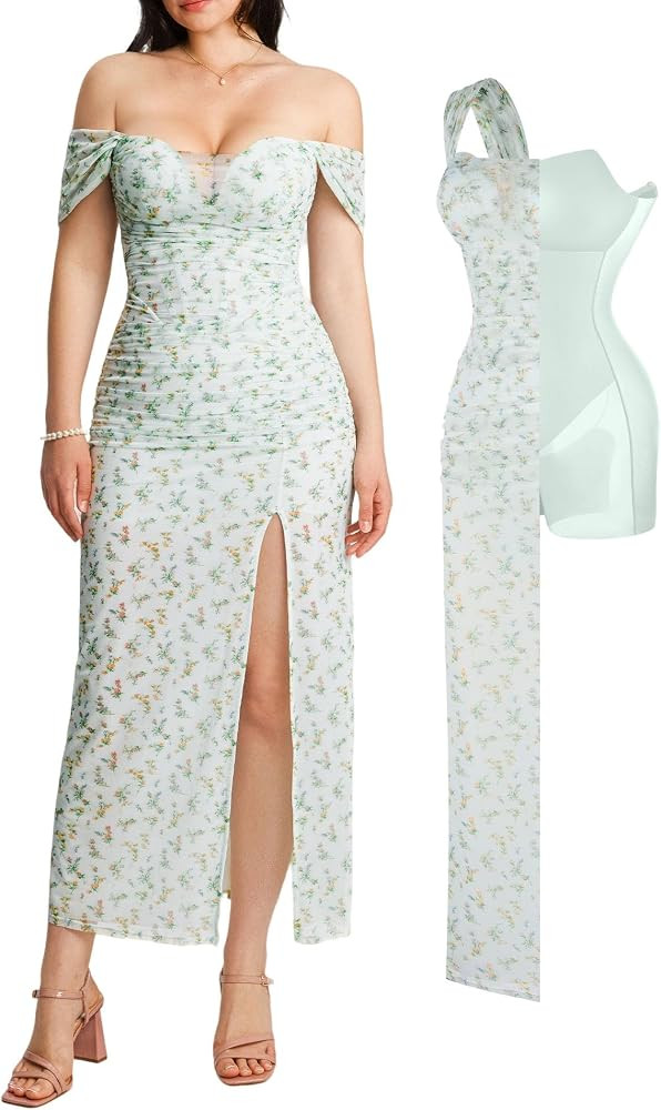Popilush Women's Off the Shoulder Formal Wedding Guest Maxi Dress | Amazon (US)