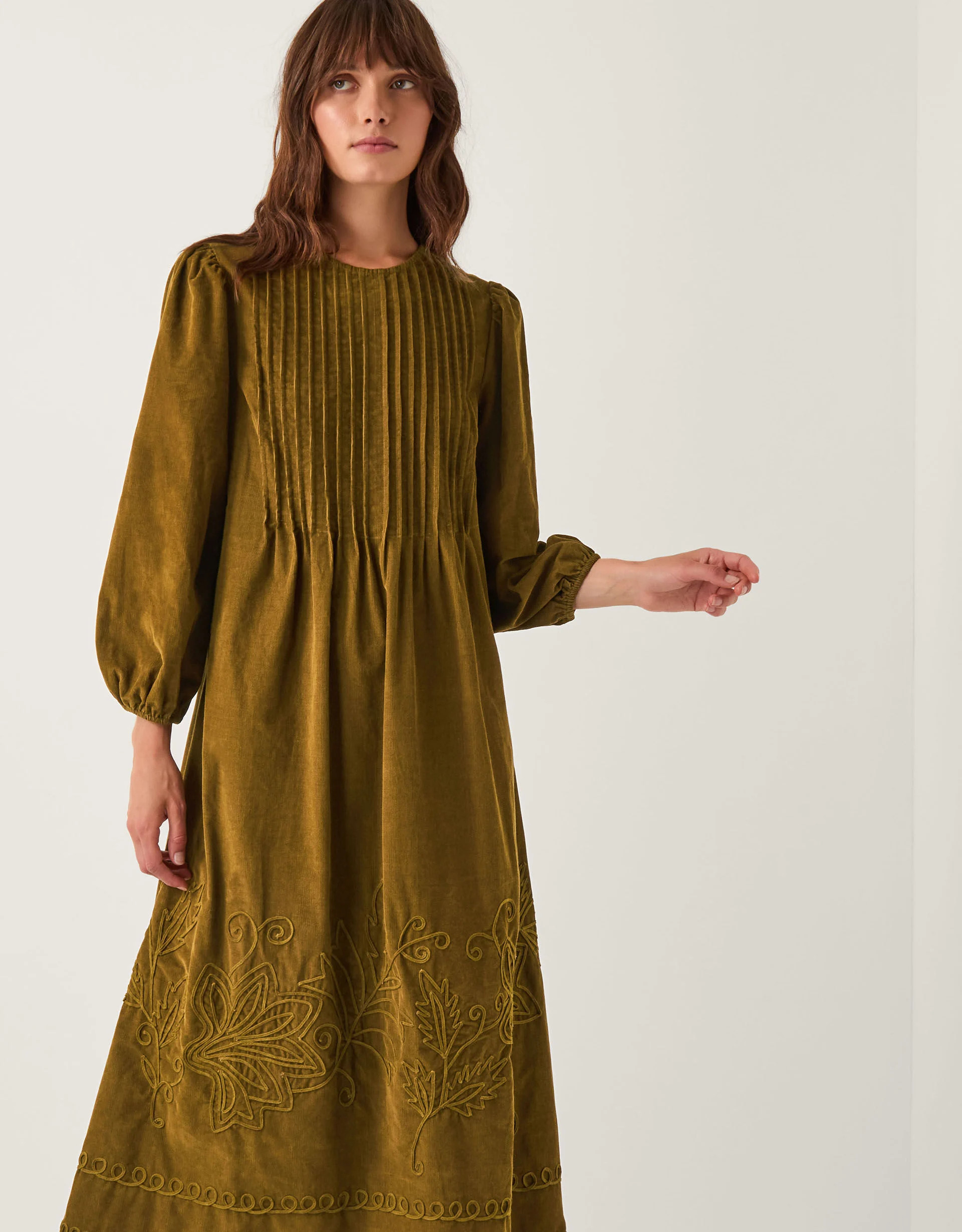 Joyce Pintuck Embroidered Corduroy Midi Dress Green | Monsoon (UK)