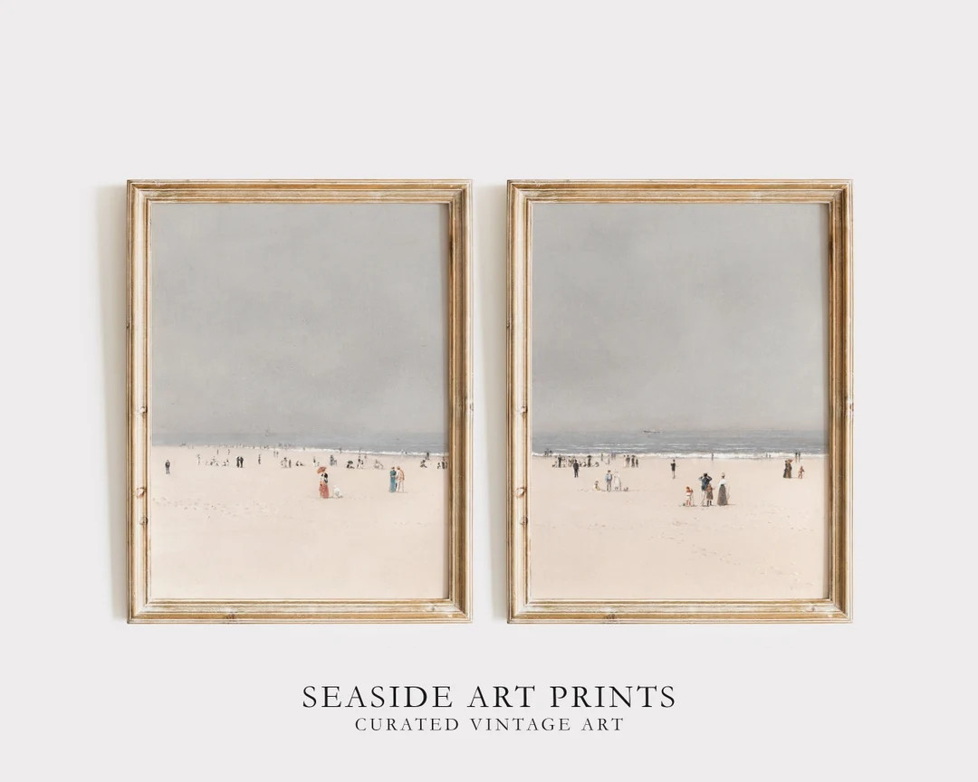 Vintage Beach Art Print Set of Two, Antique Coastal Seascape Oil Painting, Soft Tone Nautical Wal... | Etsy (US)