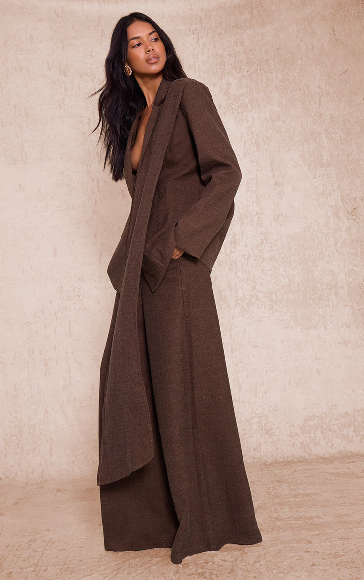 Dark Chocolate Woven Drape Scarf Detail Oversized Blazer | PrettyLittleThing US