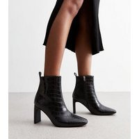 Black Faux Croc Stiletto Heel Boots New Look | New Look (UK)