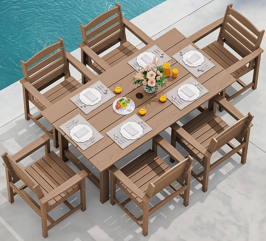 SERWALL 7-Piece Patio Outdoor Table & Chairs, HDPE Dining Set with Umbrella Hole & All-Weather De... | Amazon (US)