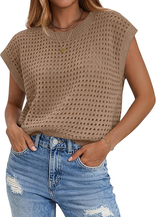 Zeagoo Womens Spring Summer Crochet Tops Cap Sleeve Sweater Vest Hollow Out Pullover Shirts Beach... | Amazon (US)